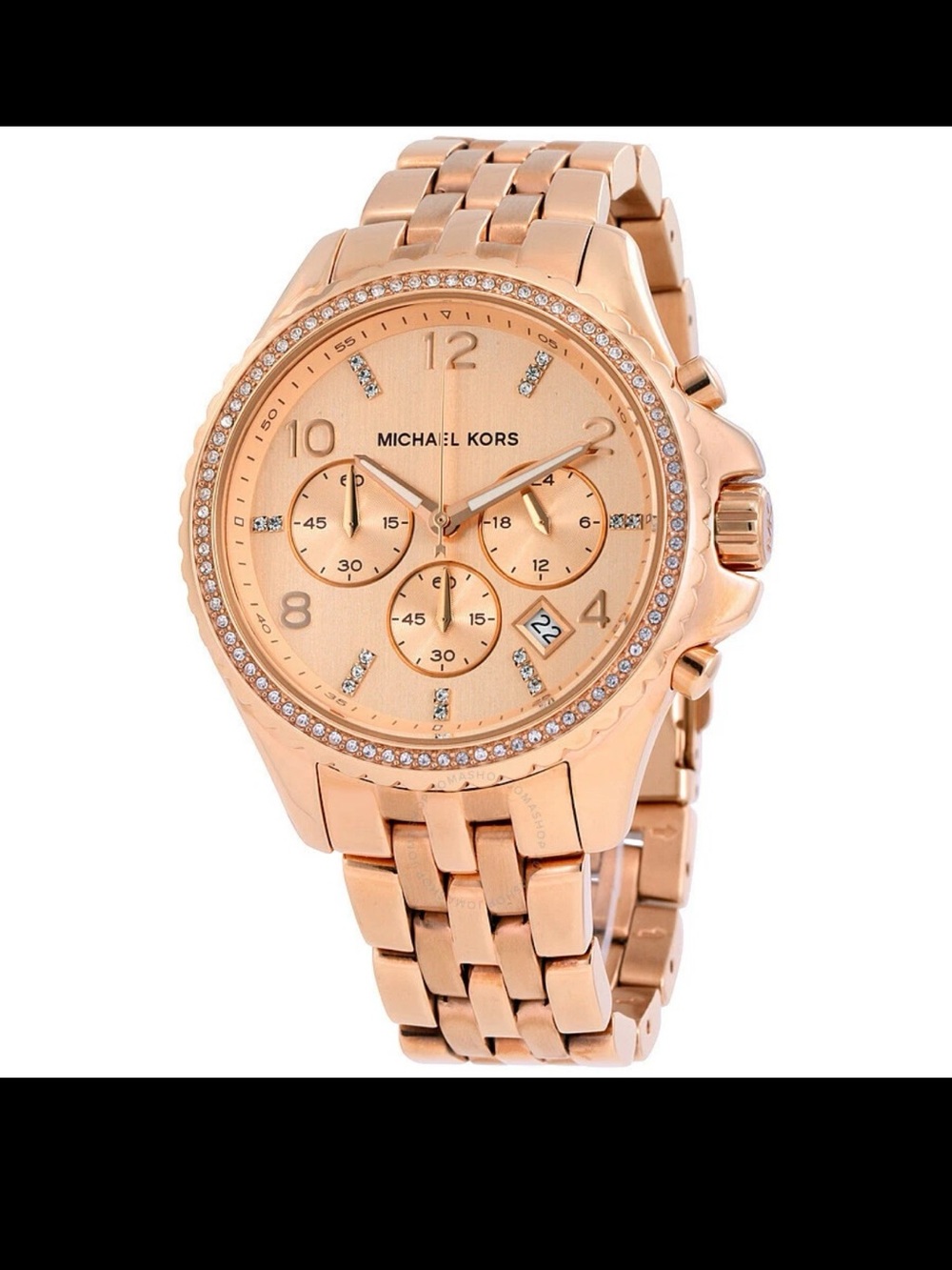 Michael Kors Rose Gold Tone Crystal Bezel Chronograph Watch